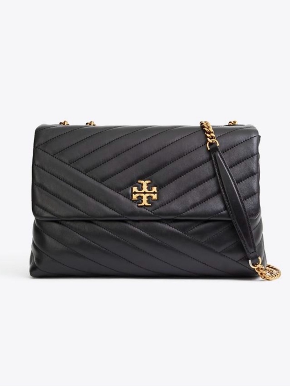 Tory Burch Black Quilted Leather Shoulder Bag with Gold Logo Chain